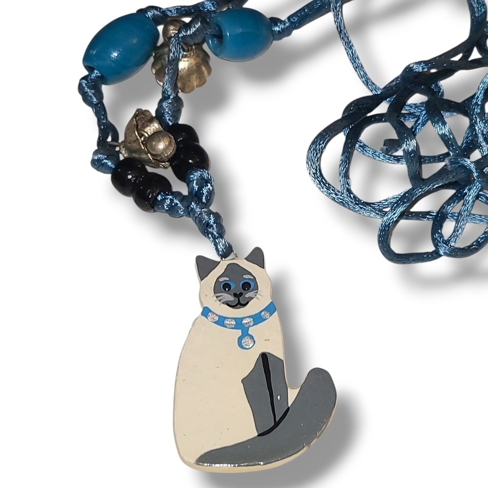 Vintage Siamese Cat Pendant Necklace Hand Painted Folk Art Blue Cord Kitty